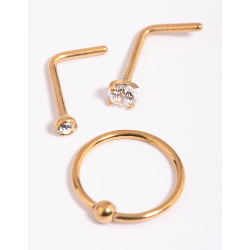 Gold-Plated Titanium Diamante Nose Stud Pack