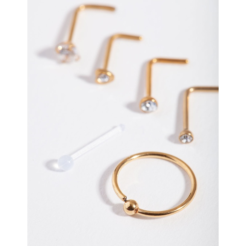 Gold Surgical Steel Mixed Diamante Nose Stud 6-Pack