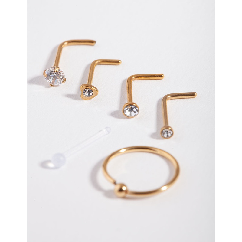 Gold Surgical Steel Mixed Diamante Nose Stud 6-Pack