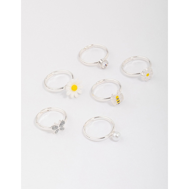 Kids Silver Daisy & Bumble Bee Ring 6-Pack