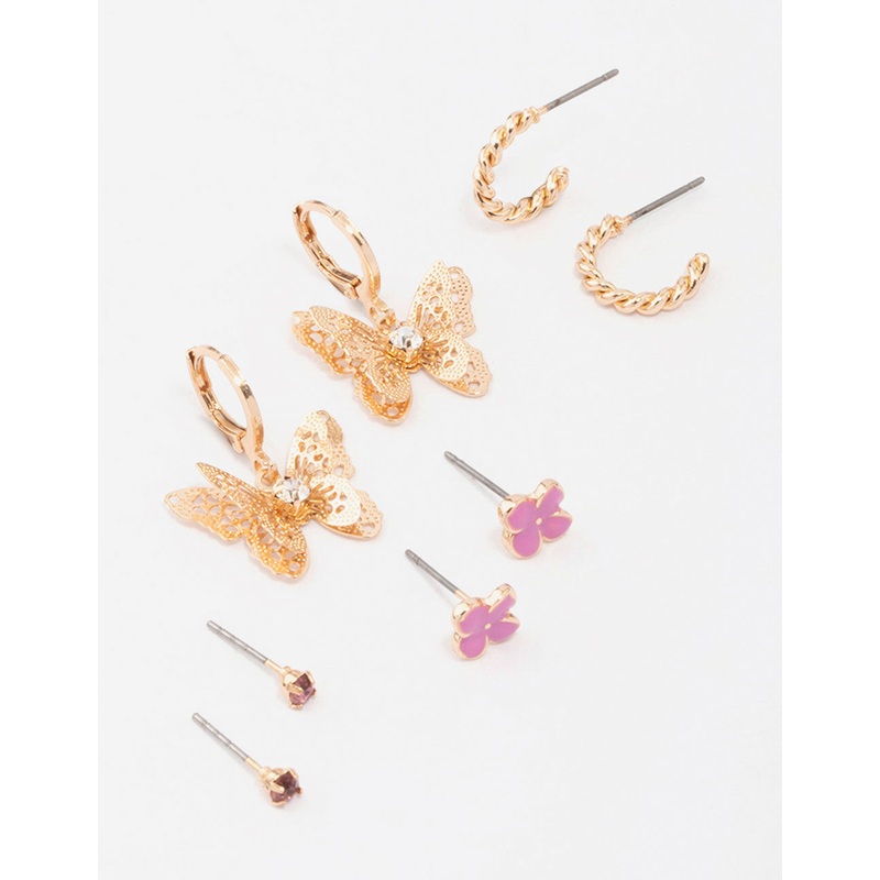 Gold Butterfly Hoop & Stud Earring 4-Pack