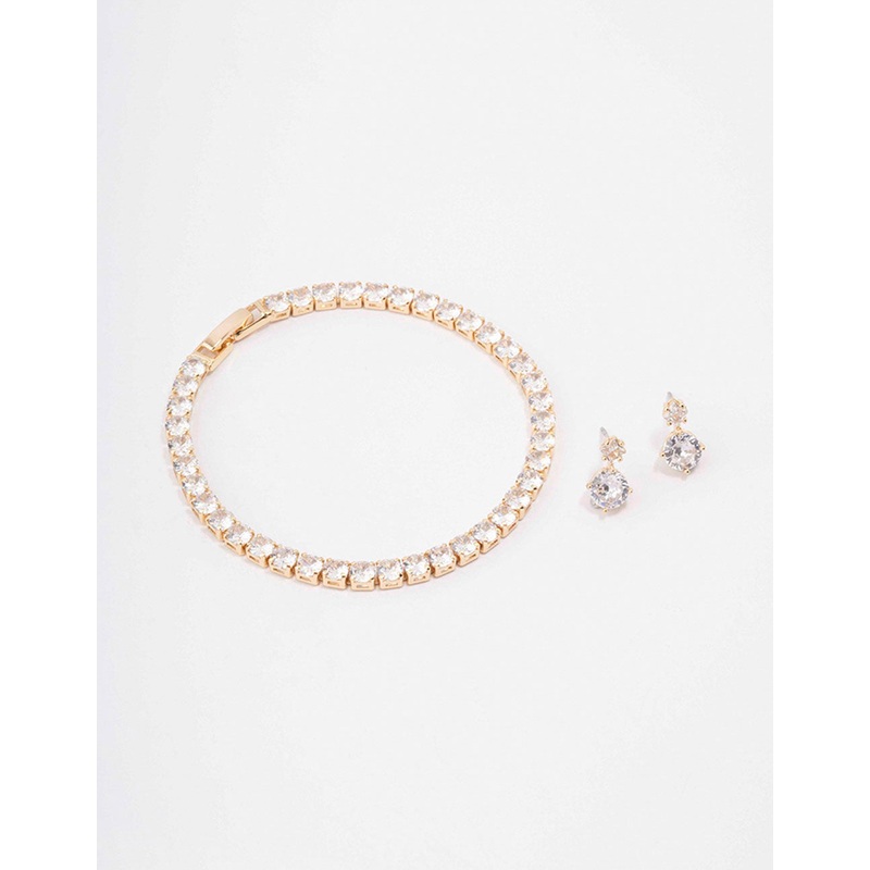 Gold Round Tennis Bracelet & Earring Set