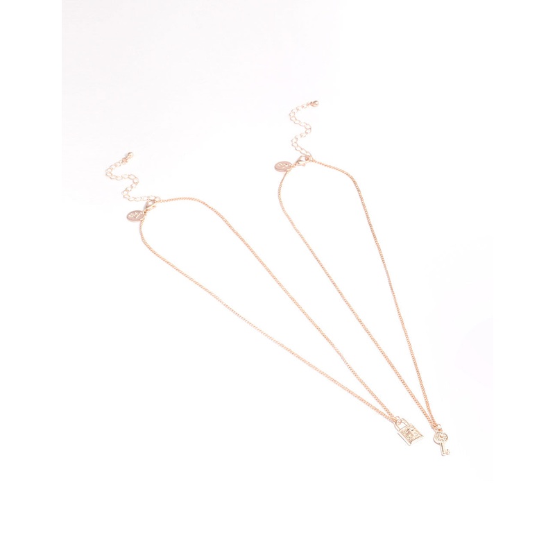 Rose Gold Diamante Lock & Key Necklace Pack