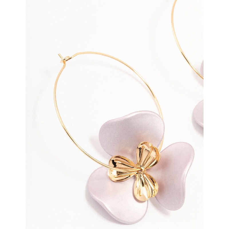 Large Flower Gold Wire Hoop Earrings
