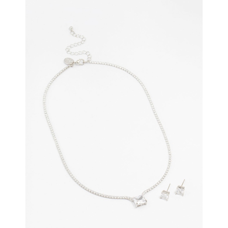 Square Silver Cubic Zirconia Necklace & Stud Earrings Pack
