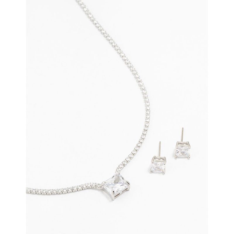 Square Silver Cubic Zirconia Necklace & Stud Earrings Pack