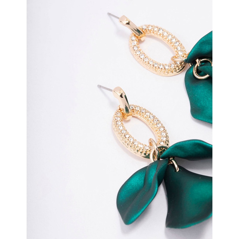 Gold & Green Petal Diamante Drop Earrings