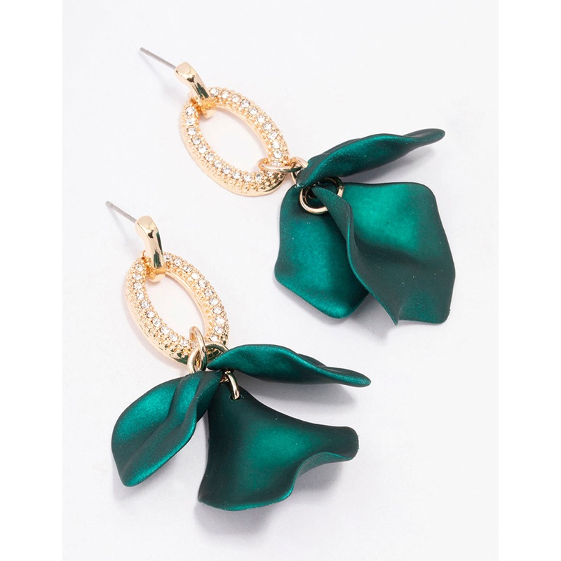 Gold & Green Petal Diamante Drop Earrings