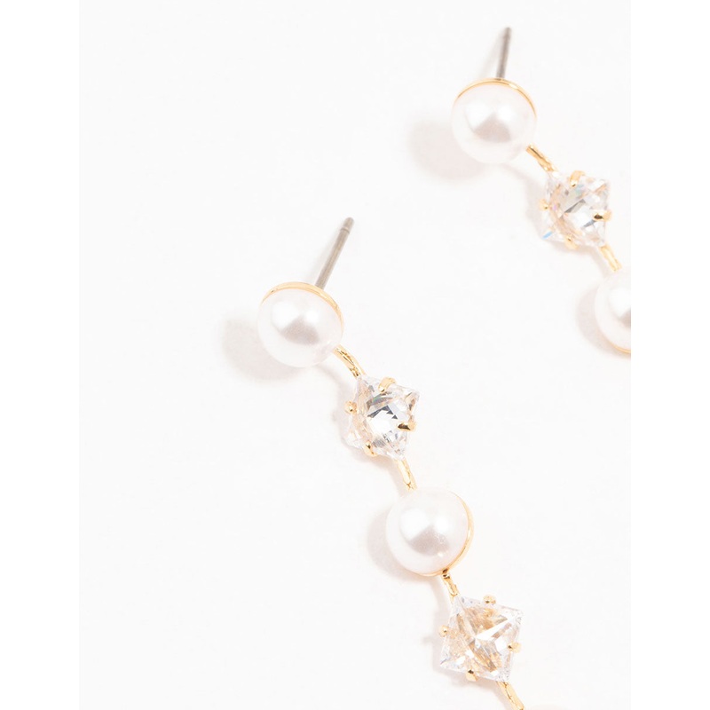 Gold Plated Alternating Pearl & Cubic Zirconia Drop Earrings