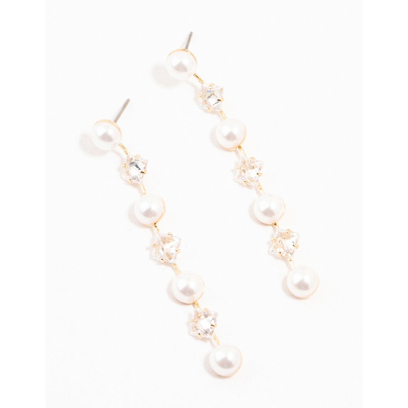 Gold Plated Alternating Pearl & Cubic Zirconia Drop Earrings