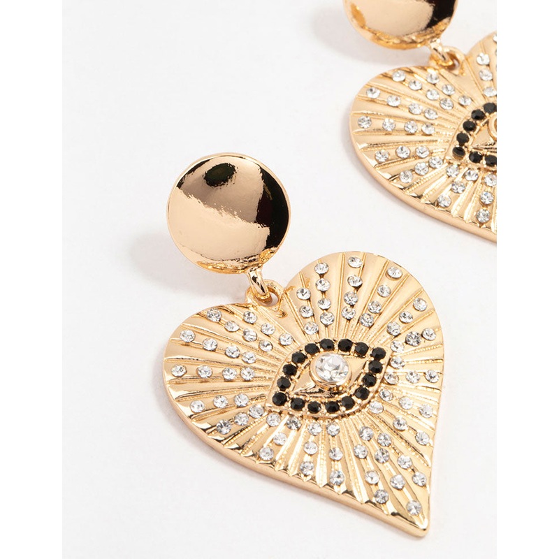Gold & Black Etched Evil Eye Heart Drop Earrings