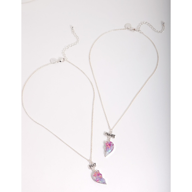 Kids Silver Glitter Heart BF Necklace Set