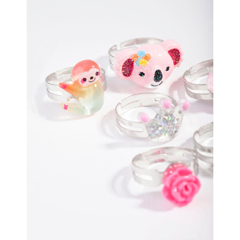Kids Silver Sloth & Koala Ring 6-Pack