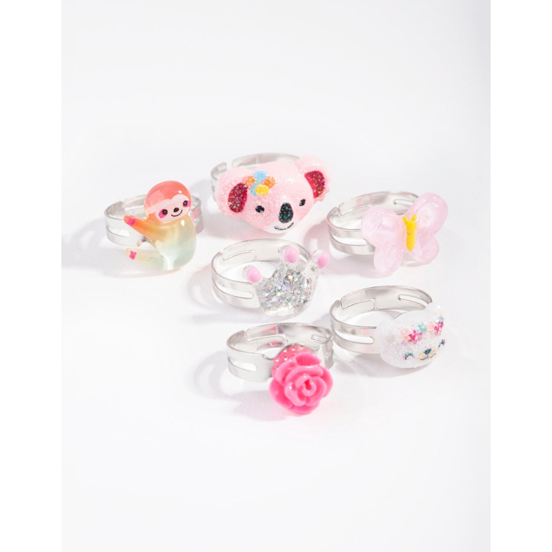 Kids Silver Sloth & Koala Ring 6-Pack