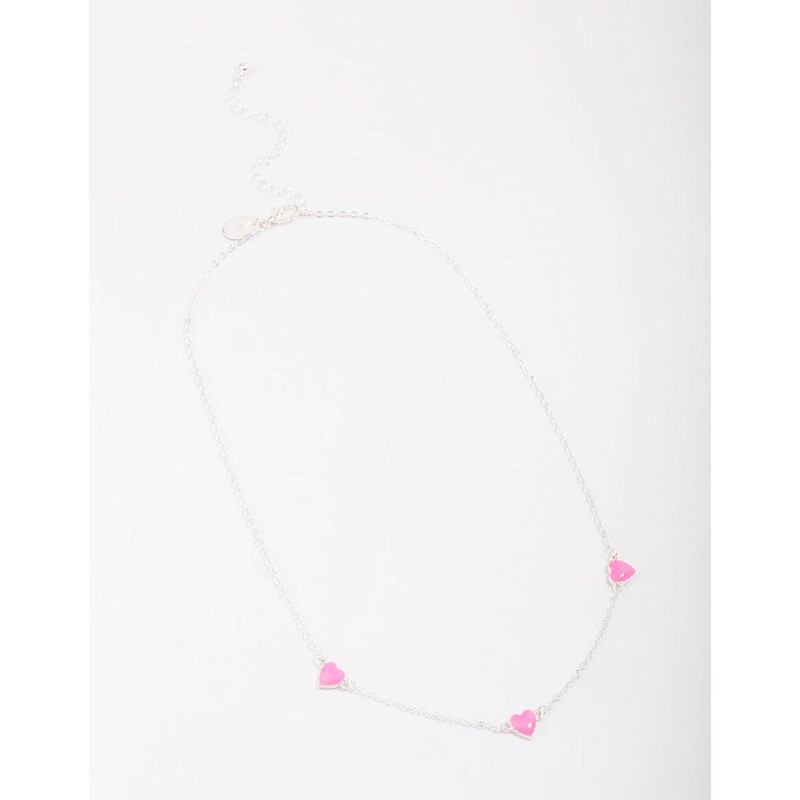 Silver Pink Enamel Heart Chain Necklace