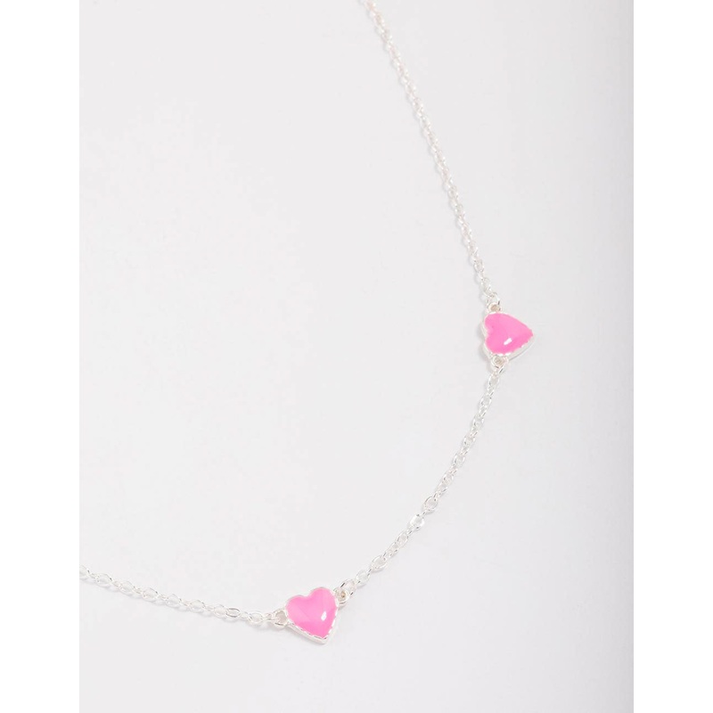 Silver Pink Enamel Heart Chain Necklace