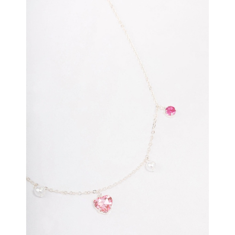 Silver Pearl & Diamante Heart Necklace