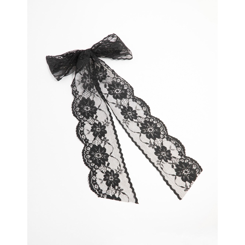 Black Lace Fabric Medium Bow Clip