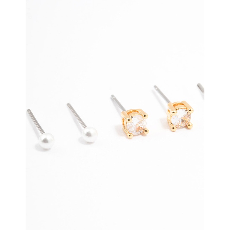 Gold Plated Cubic Zirconia Pearl Ball Stud Earrings 3-Pack