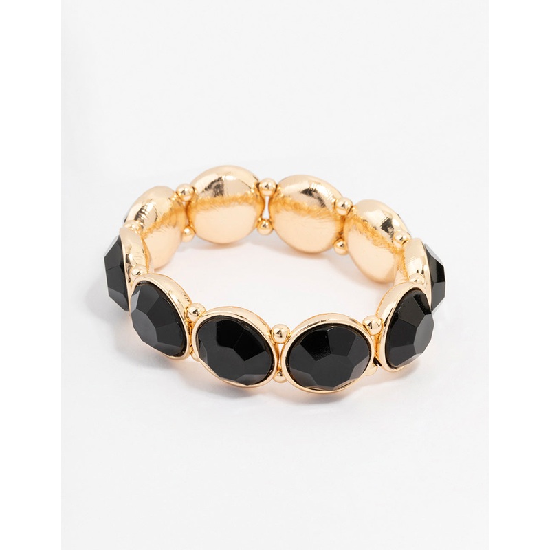 Gold Toned Black Round Stretch Bracelet
