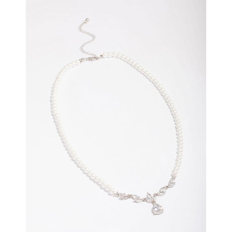 Silver Plated Pearl Strand Cubic Zirconia Vine Necklace