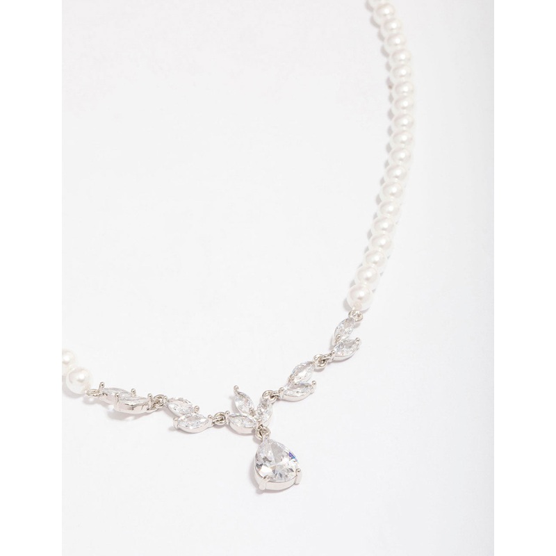 Silver Plated Pearl Strand Cubic Zirconia Vine Necklace