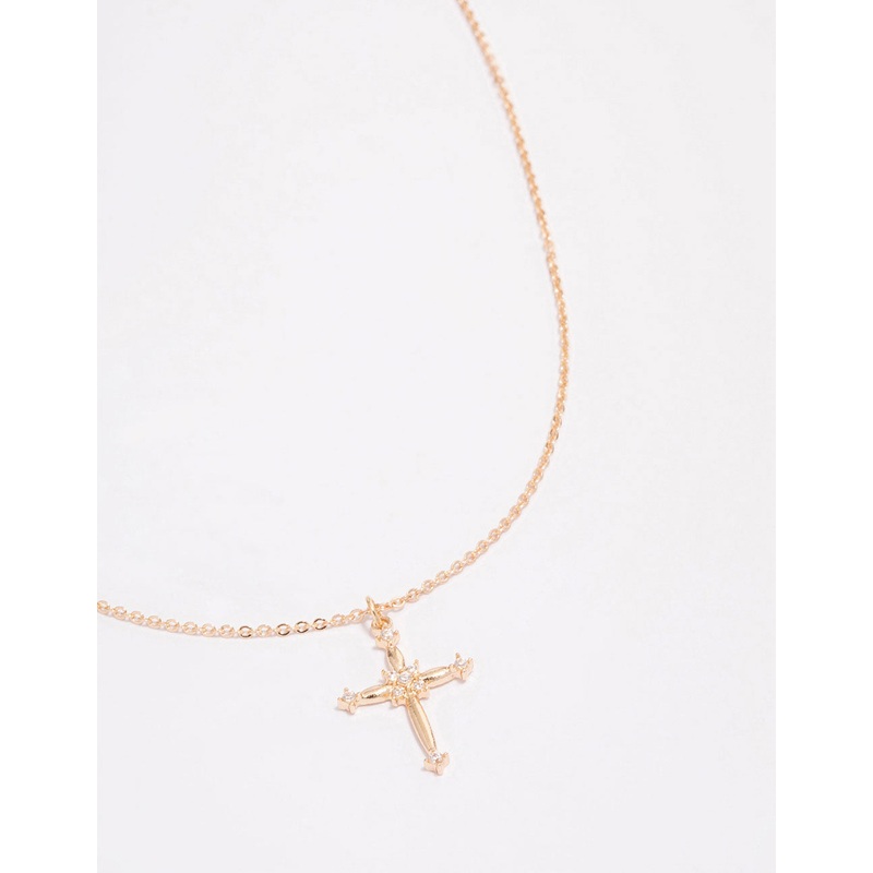 Gold Ornate Diamante Cross Pendant Necklace