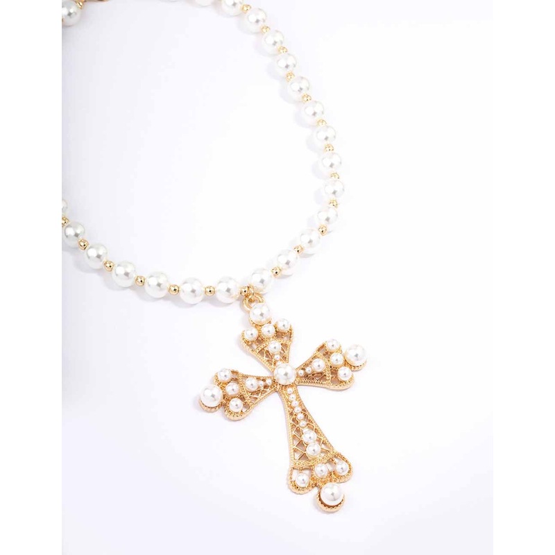 Gold Pearl Large Cross Pendant Necklace