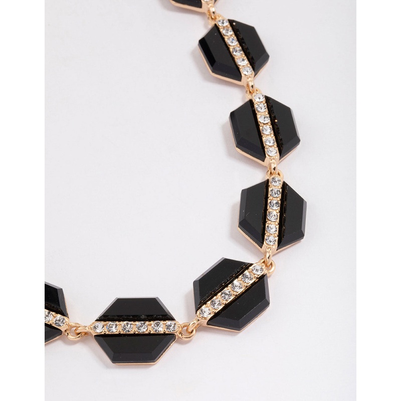 Gold Black Hexagon Diamante Necklace