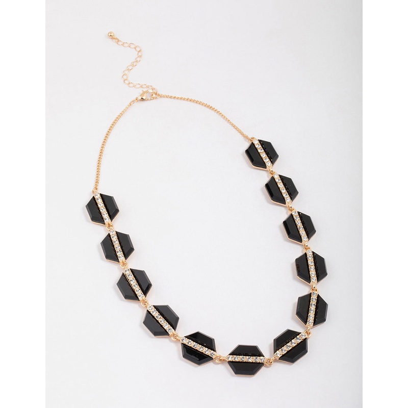 Gold Black Hexagon Diamante Necklace