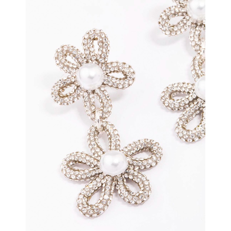 Silver Double Flower Pearl Drop Earrings