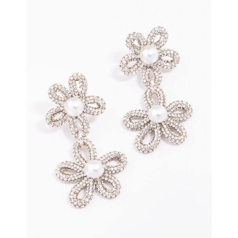 Silver Double Flower Pearl Drop Earrings