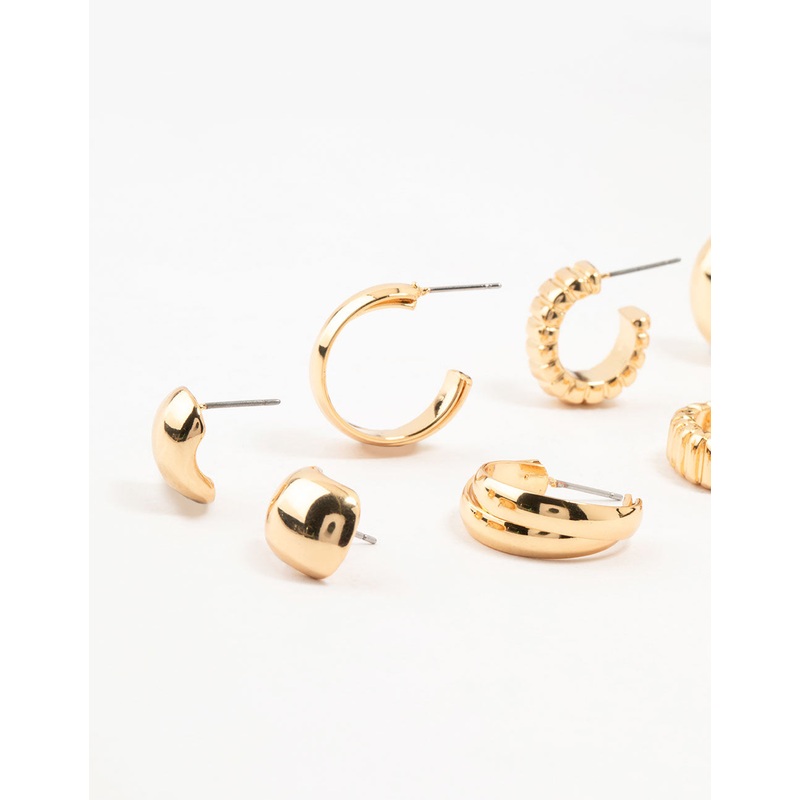 Gold Plated Buggle Ribbed Earrings 4-Pack