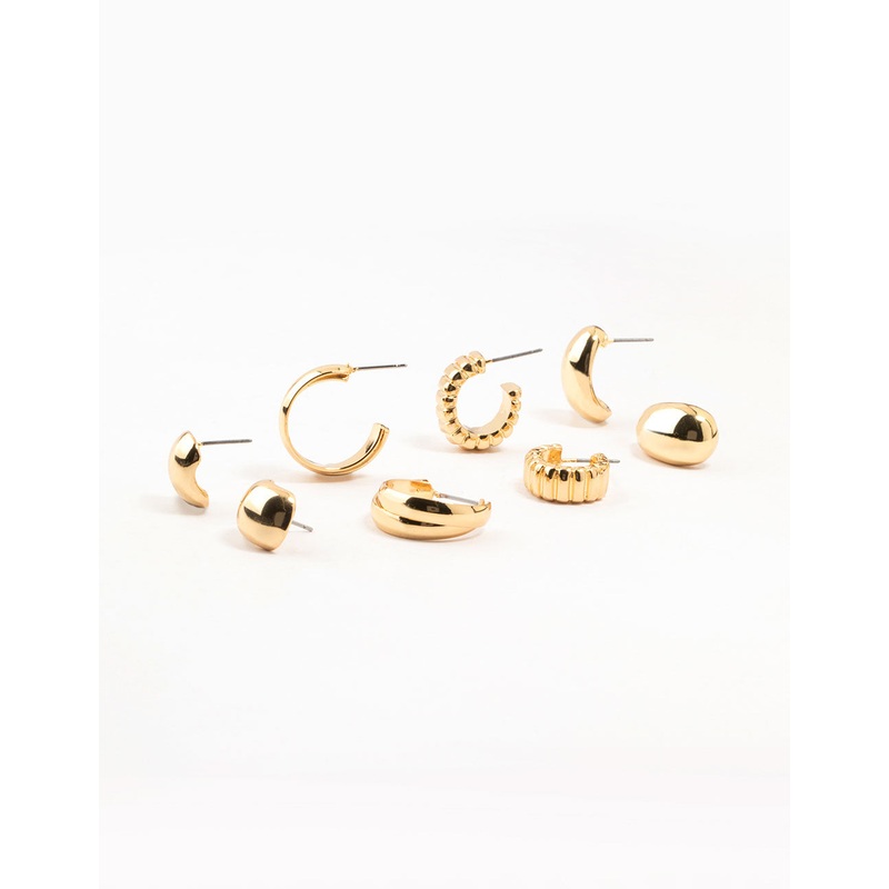 Gold Plated Buggle Ribbed Earrings 4-Pack