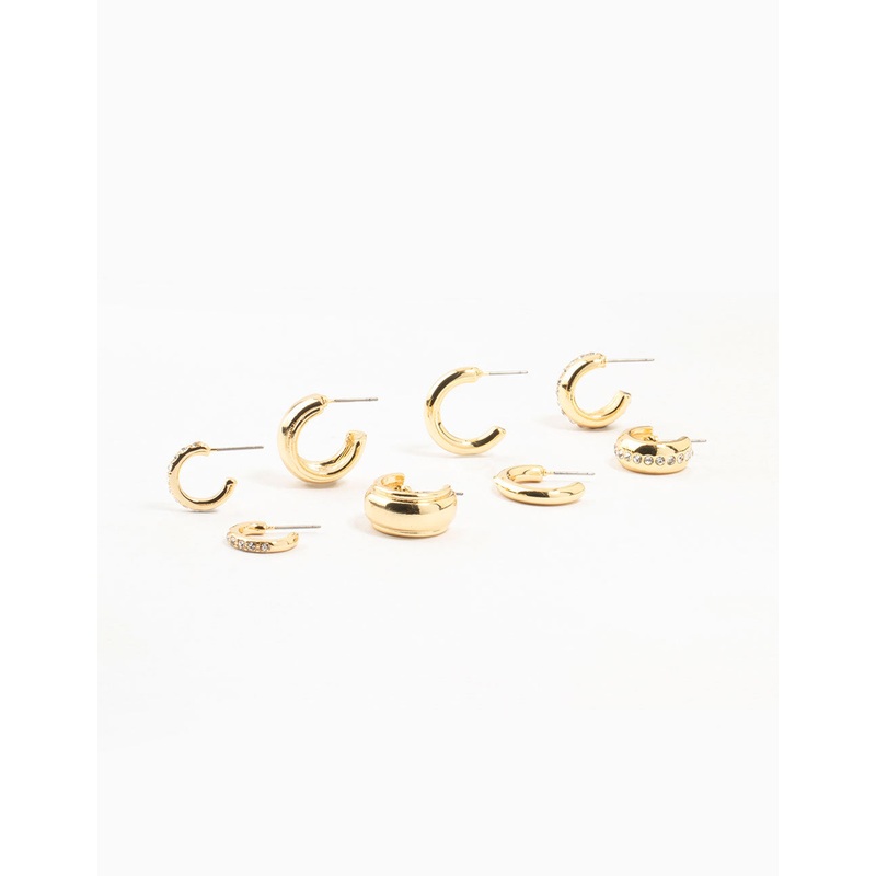 Gold Plated Diamante Crystal Hoop Earrings 4-Pack
