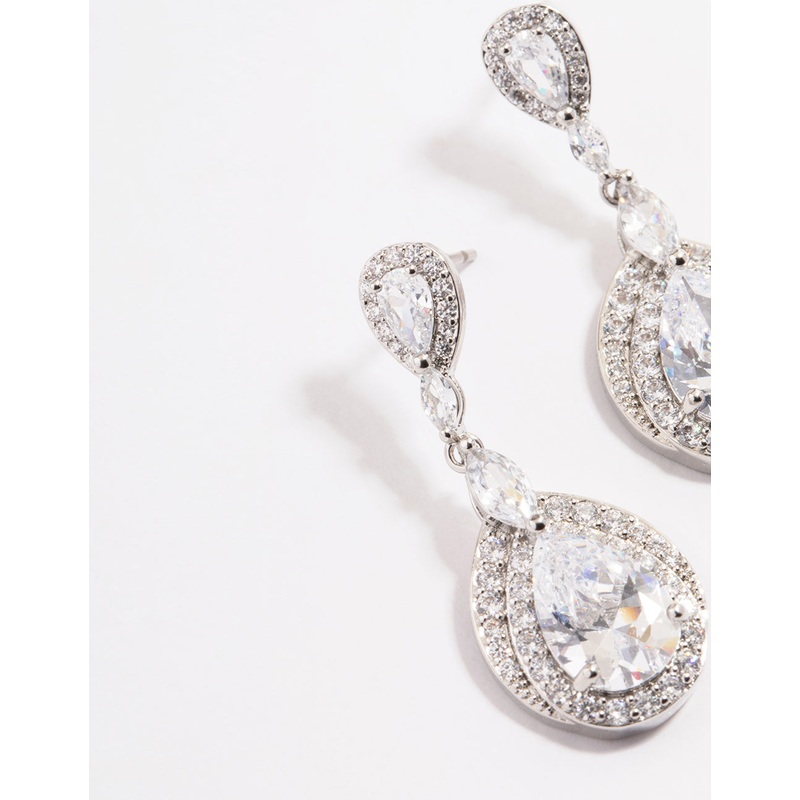 Silver Diamond Simulant Detail Pear Drop Earrings