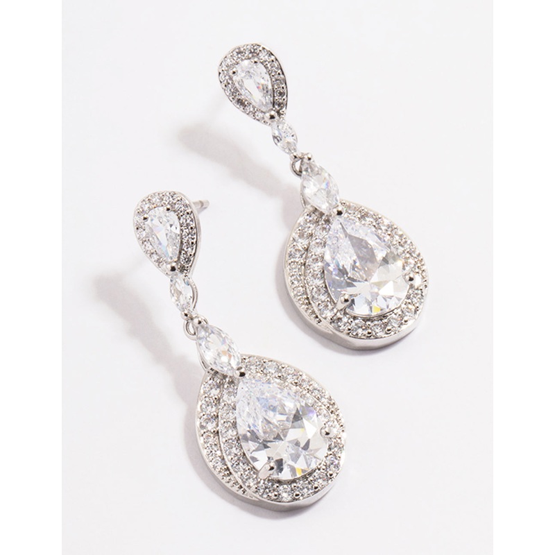 Silver Diamond Simulant Detail Pear Drop Earrings