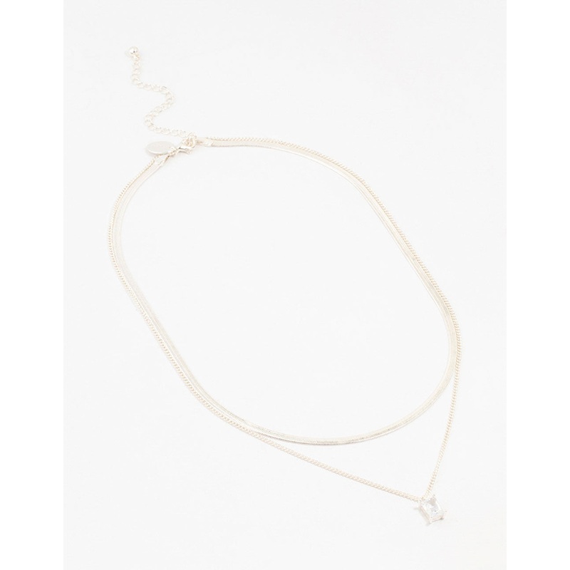 Silver Plated Baguette Diamante & Snake Chain Necklaces 2-Pack