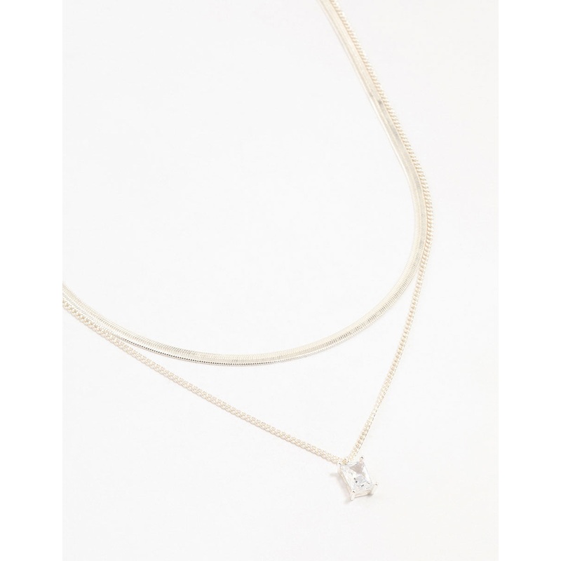 Silver Plated Baguette Diamante & Snake Chain Necklaces 2-Pack