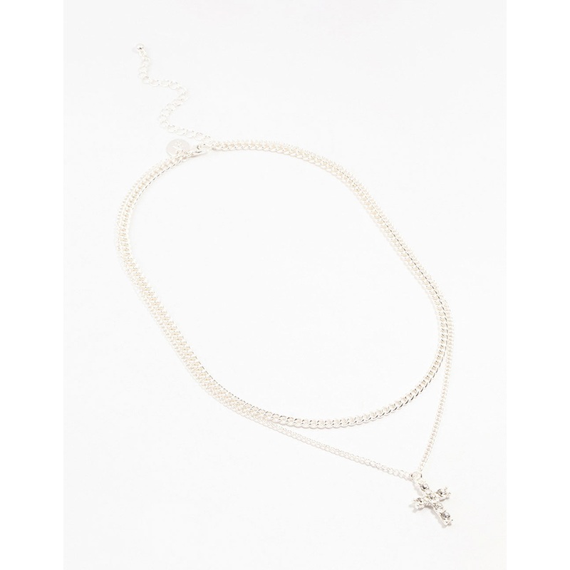 Silver Plated Diamante Cross Layered Curbchain Necklace