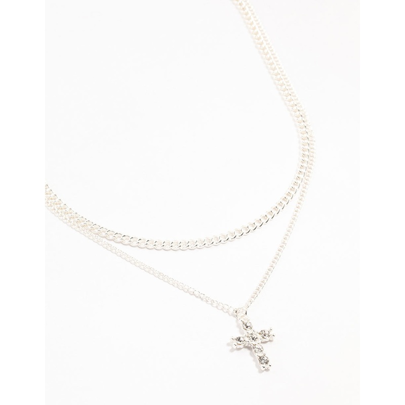 Silver Plated Diamante Cross Layered Curbchain Necklace