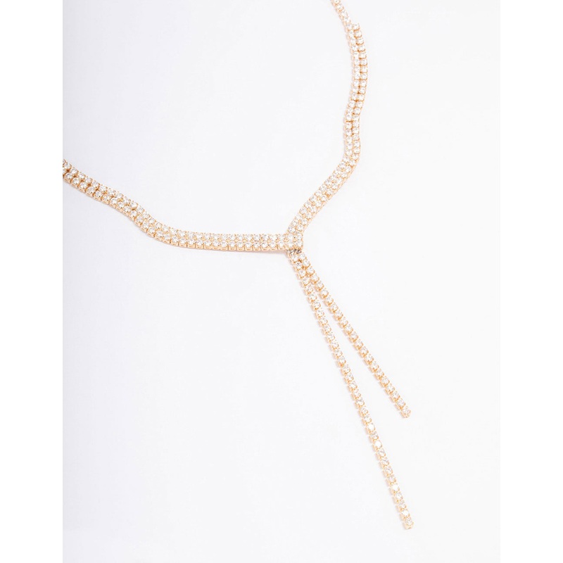 Gold Fine Ribbon Cubic Zirconia Lariat Necklace