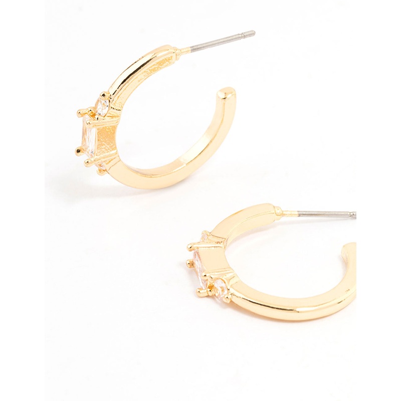 Gold Plated Cubic Zirconia Baguette Stud & Hoop Earrings 2-Pack