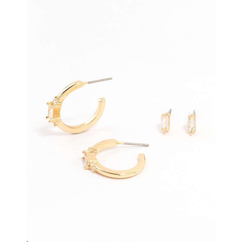 Gold Plated Cubic Zirconia Baguette Stud & Hoop Earrings 2-Pack
