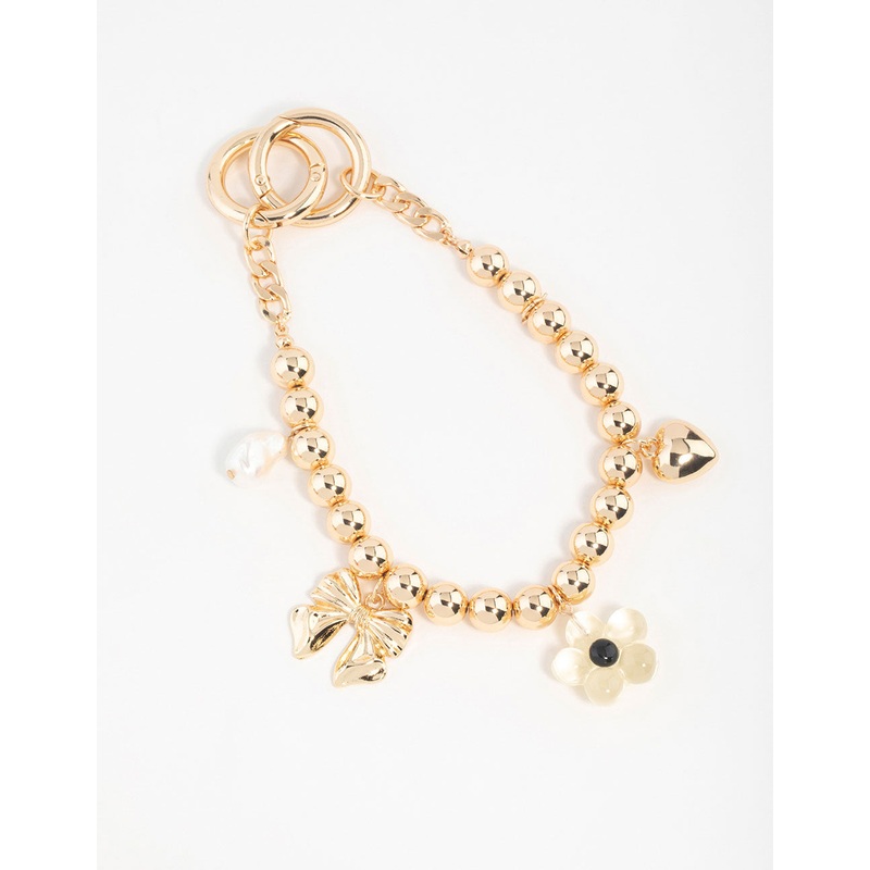 Gold Bow,Flower & Heart Charm Keychain