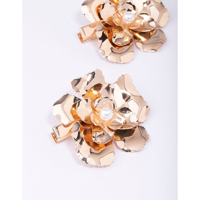 Gold Large Flower Pearl Hair Clip Pack