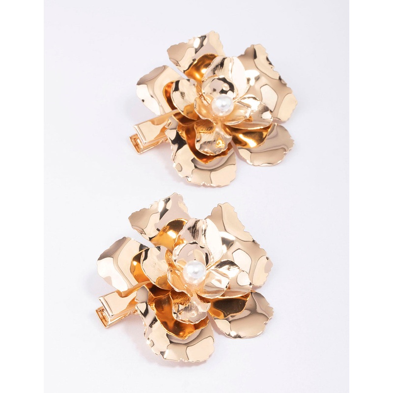 Gold Large Flower Pearl Hair Clip Pack