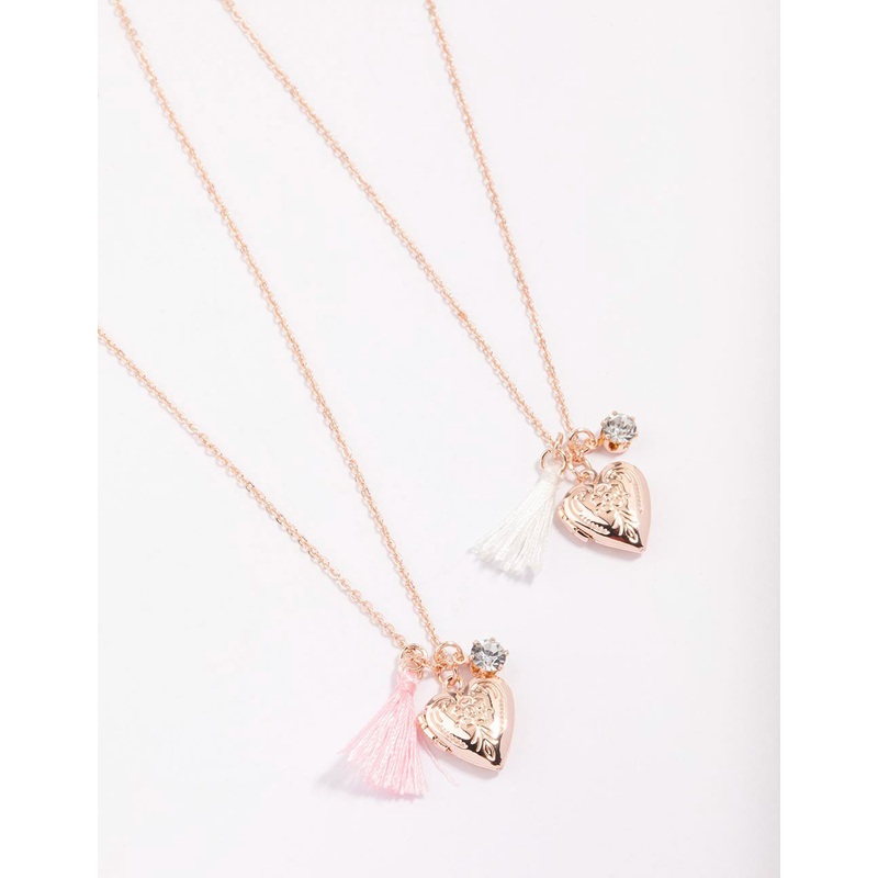 Kids Rose Gold Tassel Heart Locket Pendant Necklace Pack