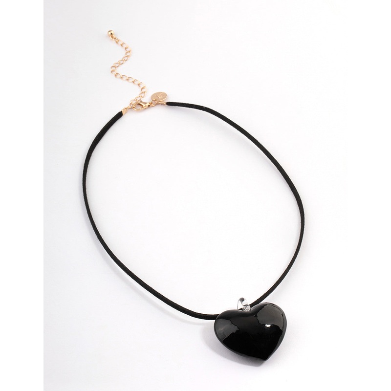Large Black Puffy Heart Suede Cord Necklace