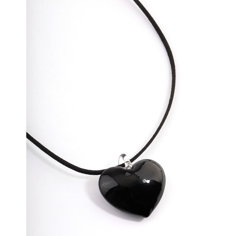 Large Black Puffy Heart Suede Cord Necklace